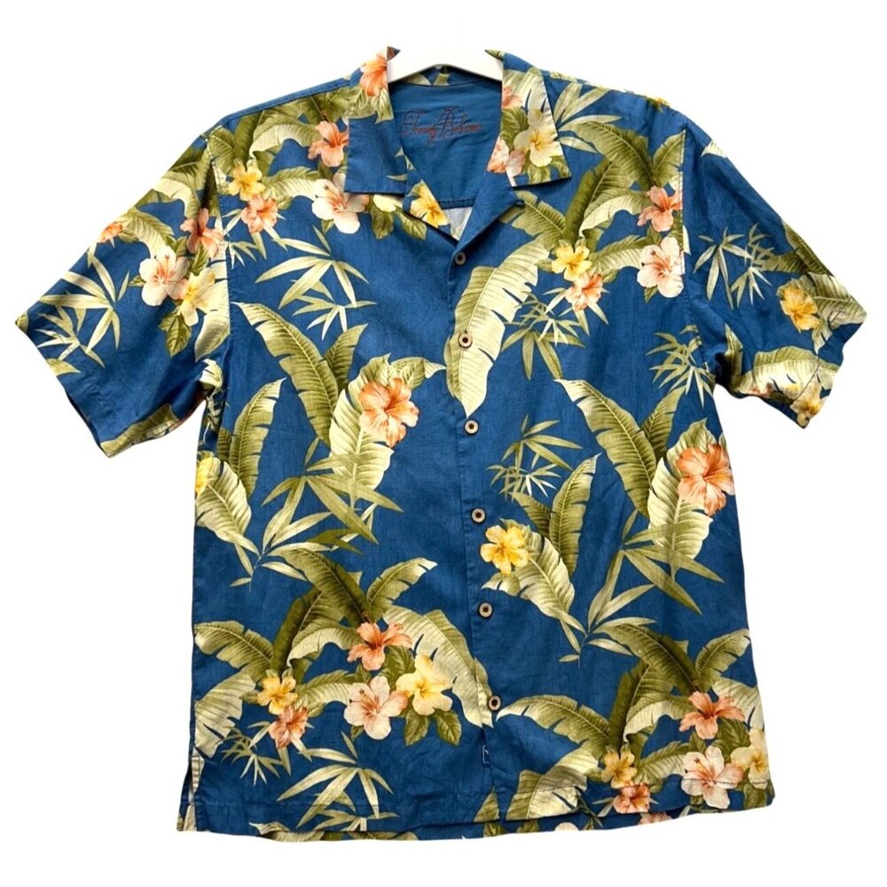 Tommy Bahama Mens Hawaiian Shirt Blue Tropical Floral Print Short Sleeve Size XL
